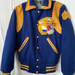 Vintage Blue and Yellow Varsity Jacket with Tiger Patch